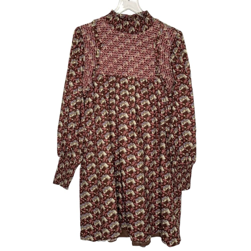 AUREUM L Womens Smocked Neck Dark Floral Mini Dress Prairie Brown Pink Daity